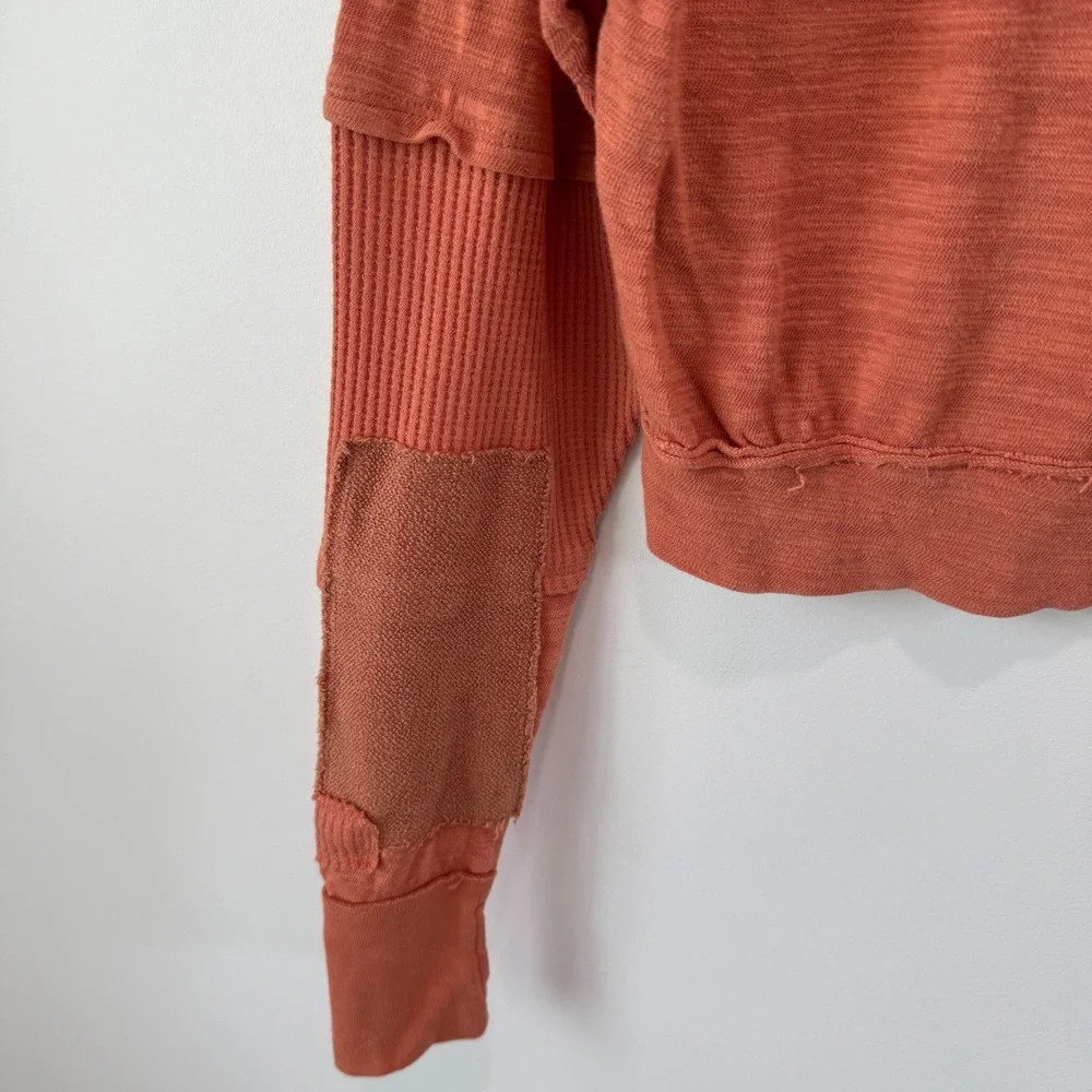 Free People 5 Star Tee XS Patchwork Slub Knit Thumbholes Orange Boho Gorpcore